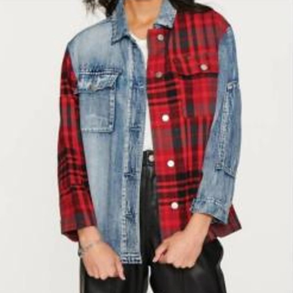 NWT BLUE REVIVAL RED PLAID DENIM MIXED MEDIA SHACKET JACKET XS